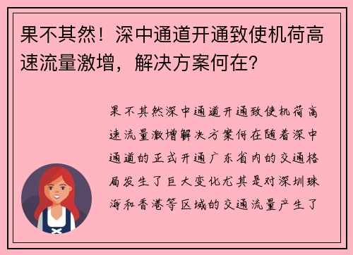 果不其然！深中通道开通致使机荷高速流量激增，解决方案何在？