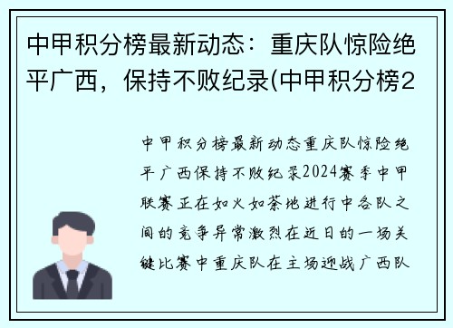 中甲积分榜最新动态：重庆队惊险绝平广西，保持不败纪录(中甲积分榜2020-2021)