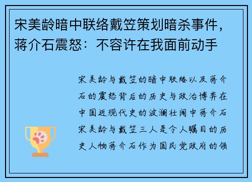 宋美龄暗中联络戴笠策划暗杀事件，蒋介石震怒：不容许在我面前动手