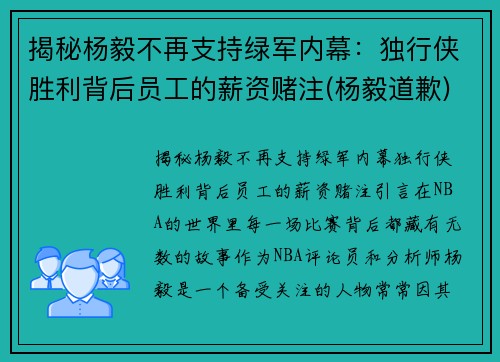 揭秘杨毅不再支持绿军内幕：独行侠胜利背后员工的薪资赌注(杨毅道歉)